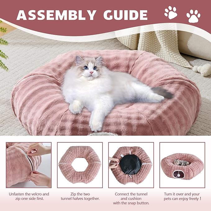 Bubble Cat Tunnel for Indoor Cats, Round Peekaboo Cave Toy with Dangling Balls, Donut Tunnel Bed with Circle Mat for Puppy Kitten Rabbit, Dusty Pink-Mewly Pet
