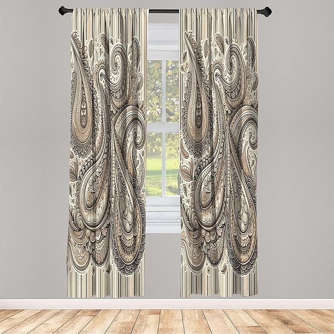 Ambesonne Paisley Window Curtains Pack of 2, Delicate Bohemian Leafy Motives on Stripes in Neutral Muted Colors, Lightweight Set with Rod Pocket, 4 Panels of - 28" x 63", Warm Taupe Ivory and Sepia