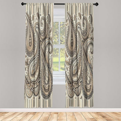 Ambesonne Paisley Curtains, Delicate Bohemian Leafy Motives on Stripes in Neutral Muted Colors, Window Treatments 2 Panel Set for Living Room Bedroom, Pair of - 28" x 95", Warm Taupe Ivory and Sepia