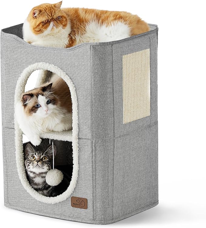 Bedsure 2 Story Cat House - Cat Condos for Indoor Cats with Scratch Pad and Fluffy Ball Hanging, Small Pet Cave Furniture Hideaway for Multi Pets, 18x14x23 inches, Grey-Mewly Pet