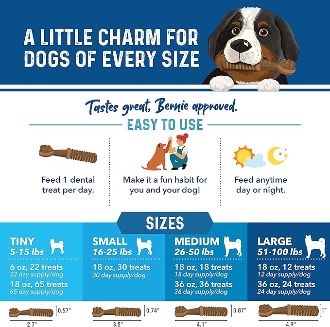 Bernie's Charming Chompers - Daily Dental Chews for Dogs 26-50 Lbs. - 36 Count - Cleans Teeth, Freshens Breath, + Boosts Oral-Gut Microbiome. Easy to Digest, Supports Healthy Digestion Naturally-Mewly Pet