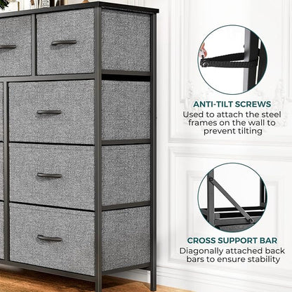 OLIXIS Dresser for Bedroom, 9 Storage Drawers, Tall Large Fabric Storage Tower Organizer, Chest of Drawers with Metal Frame Wooden Top for Nursery, Closet, Living Room, Entryway, Classic Grey