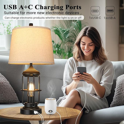 QiMH Table Lamp for Bedroom with USB A+C Ports, Farmhouse Bedside Lamp with Night Light, 3-Way Dimmable Touch Control, Rustic Industrial Nightstand Lamp for Living Room,Bulbs Included,Black, 1 Pack