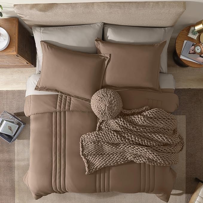 Monbix Queen Comforter Set - 7 Pieces Raw Umber Bed in a Bag Queen Bedding Sets with Comforters, All Seasons Down Alternative Comforter Bed Set with Sheets,Pillowcases & Shams