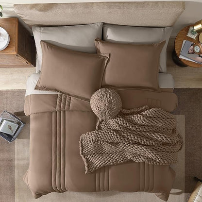 Monbix Oversized Queen Comforter Set - 7 Pieces Brown Bed in a Bag Queen Bedding Sets with Comforters, All Seasons Down Alternative Comforter Bed Set with Sheets,Pillowcases & Shams