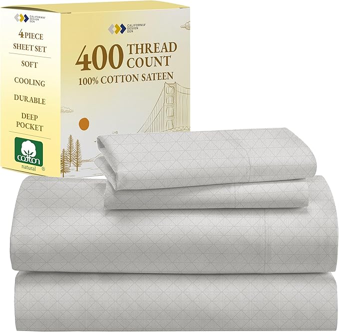 California Design Den Full Size Bed Sheets Set - 400 Thread Count Sateen, Natural 100% Cotton Sheets Full Size, Deep Pocket Cooling and Durable Bedding Set - Taupish-Sage Crosshatch
