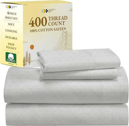 California Design Den Full Size Bed Sheets Set - 400 Thread Count Sateen, Natural 100% Cotton Sheets Full Size, Deep Pocket Cooling and Durable Bedding Set - Taupish-Sage Crosshatch