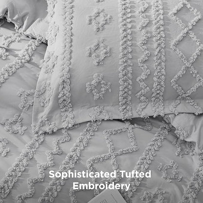 Bedsure Tufted Boho Comforter Set Twin Size - Light Grey Boho Bed Set, GentleSoft™ 2 Pieces Farmhouse Shabby Chic Embroidery Bedding, Gifts for Woman, Soft Jacquard Twin Comforter for All Seasons