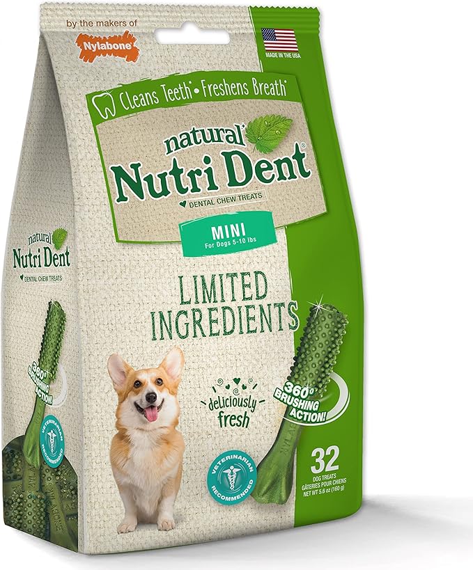 Nylabone Nutri Dent Dog Dental Chews - Natural Dog Teeth Cleaning & Breath Freshener - Dental Treats for Dogs - Fresh Breath Flavor, Mini (32 Count)-Mewly Pet