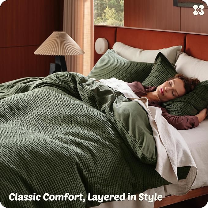 Bedsure Cotton Duvet Cover Set - 100% Cotton Waffle Weave Olive Green Duvet Cover California King Size, GentleSoft™ and Breathable Cal King Bedding Set for All Season, 3 Pieces, 104"x98"