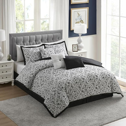 King Size Comforter Set - Soft & Breathable 7-Piece Bedding Collection - 1 Comforter, 2 Pillow Shams, 1 Bed Skirt & 3 Decorative Accent Pillows - Premium Quality, King, Black/White Damask