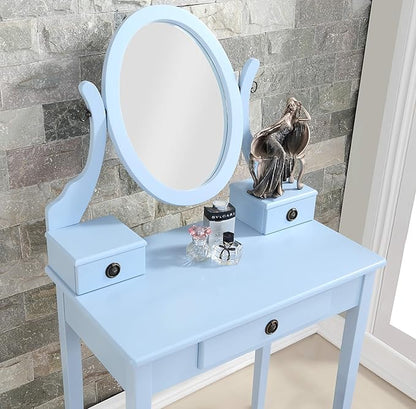 Roundhill Furniture Moniys Wood Makeup Vanity Table and Stool Set, Blue