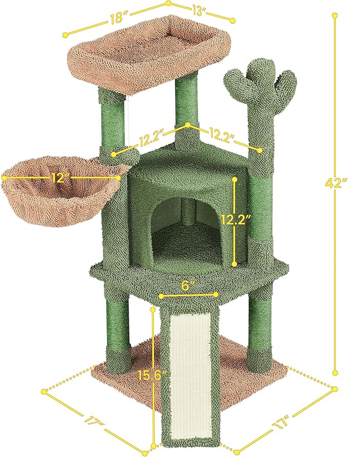 Yaheetech Cactus Cat Tree, 42in Cat Tower for Indoor Cats, Multi Level Kitten Condo Scratching Post, Cat Activity Center Pet Furniture w/Ball, Plush Perch, Platform, Basket-Mewly Pet