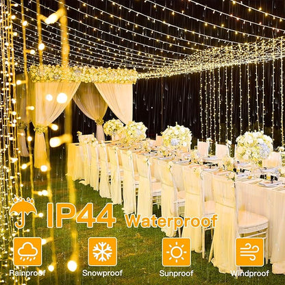 Ollny 2 Pack Curtain String Lights Warm White, 400LED 6.6x6.6ft Fairy Lights With Remote 8 Modes, Hanging Outdoor Waterproof, USB Power Wall for Bedroom Indoor Backdrop Window