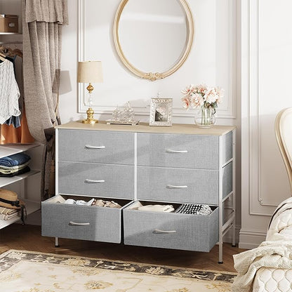 WLIVE 6 Drawer Dresser for Bedroom, Wide Fabric Dresser TV Stand for 50 Inches TV with Metal Frame, Wooden Top, Chest of Drawers, Storage Organizer for Living Room, Hallway, Light Grey