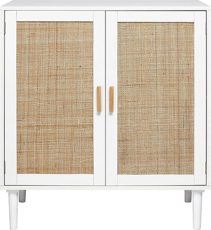 Finnhomy Sideboard Buffet Cabinet, Kitchen Storage Console with Rattan Decorated Doors, Liquor Buffet, Dining Room, Hallway, Cupboard Console Table, Accent Cabinet, 31.5X 15.8X 34.6 Inches, White