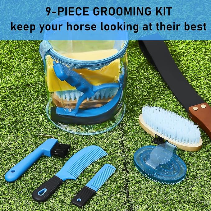 9 Pieces Horse Grooming Kit Tack Room Supplies Set with Organizer Tote Bag, Oval Massage Curry, Hard and Soft Brush, Hoof Pick, Sweat Scraper, Bathing Sponge, Combs for Horse Riders Beginners (Blue)-Mewly Pet