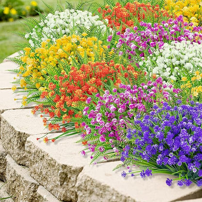 Ouddy Decor 24 Bundles Artificial Flowers for Outdoors UV Resistant Fake Plastic Plants Faux Boston Fern Greenery Stems for Spring Summer Indoor Garden Patio Window Box Kitchen Home Decor, Mixedcolor