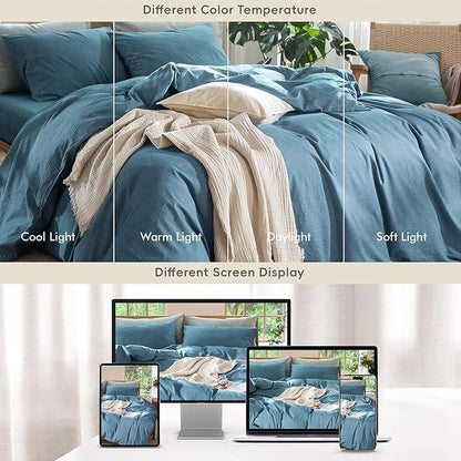 MooMee Bedding Duvet Cover Set 100% Washed Cotton Linen Like Textured Breathable Durable Soft Comfy (Heathered Peacock Blue, Queen 90"x90")