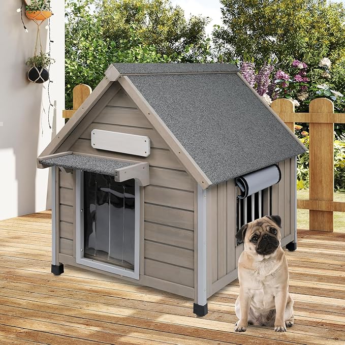 Outdoor Dog House Waterproof for Medium Small Dogs with Anti-Chewing Iron Frame, Adjustable Vent Window, Indoor & Outdoor Doghouse Kennel Puppy Shelter, Easy Clean and Assemble (26" L*31.9" W*32" H)-Mewly Pet
