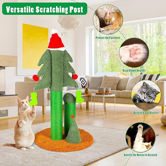 32” Cat Scratching Post, Tall Christmas Tree Cat Scratcher with 3 Posts and Cute Dangling Teaser Balls, Natural Sisal Rope Cat Toys for Kitty and Adult Cats-Mewly Pet