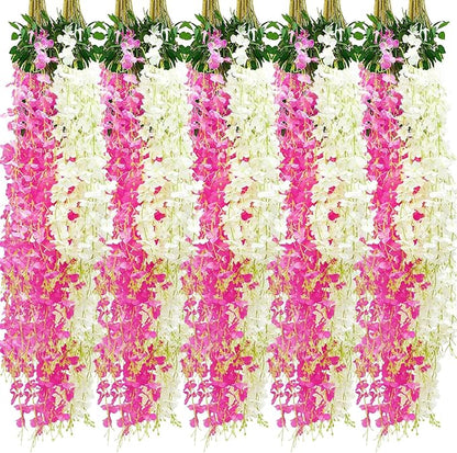 Giegxin 24 Pcs Artificial Wisteria Hanging Flowers 3.6 ft Artificial Fake Wisteria Vine Rattan Hanging Garland Silk Flowers String for Wall Home Wedding Party Greenery Decorations (Dark Pink,White)