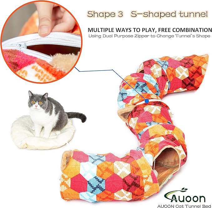 AUOON Cute Cat Donut Tunnel - Interactive Cat Tunnel Bed for Indoor Cats Kitten Kitty Puppy Rabbit Ferret (Orange)-Mewly Pet