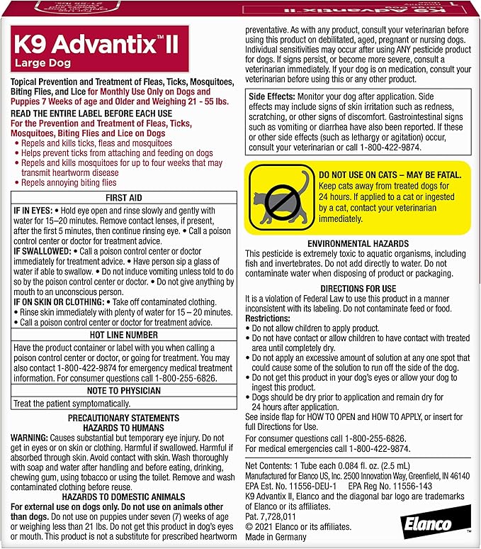 K9 Advantix II Large Dog Vet-Recommended Flea, Tick & Mosquito Treatment & Prevention | Dogs 21-55 lbs. | 1-Mo Supply (Pack of 3)-Mewly Pet