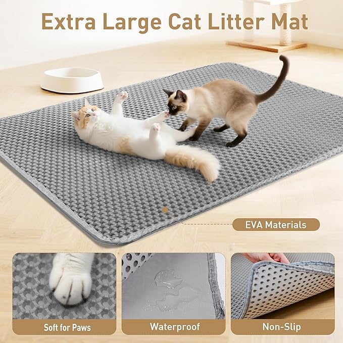 Large Cat Litter Mat for Litter Box, 47"×27.5" Double Layer Trapping Mat, Non-Slip Water Proof Kitty Litter Pad, Grey-Mewly Pet