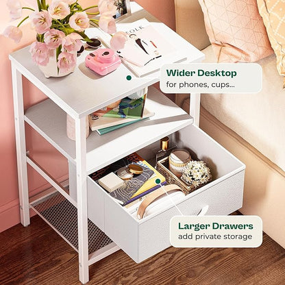 Huuger Night Stand with Fabric Drawer, Side Table with Mesh Shelf, Bedroom Nightstand, Fabric Drawer Dresser, Open Shelf, Metal Frame, Couch Side, White