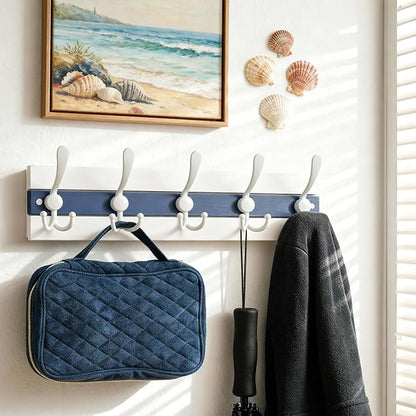 SKOLOO Coastal Wall Mounted Coat Rack - 17" Beach House Entryway Wooden Coat Hook with 5 Hooks for Hanging Coats, Hats or Towels, Oceanfront Cottage Core Collection, White & Blue