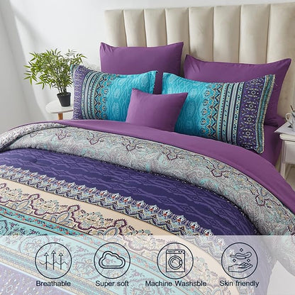 Cottolester Boho Comforter Set Queen Size 8 Piece Bed in a Bag Bohemian Striped Bedding Quilt Set Aqua Paisley Floral Comforter and Sheet Set,Soft Microfiber Complete Bedding Sets for All Season