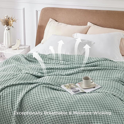 Bedsure Cooling Cotton Waffle Weave Blanket - Lightweight Breathable Blanket of Rayon Derived from Bamboo for Hot Sleepers, Luxury Throws for Bed, Couch and Sofa, Mint Green, 50x70 Inches