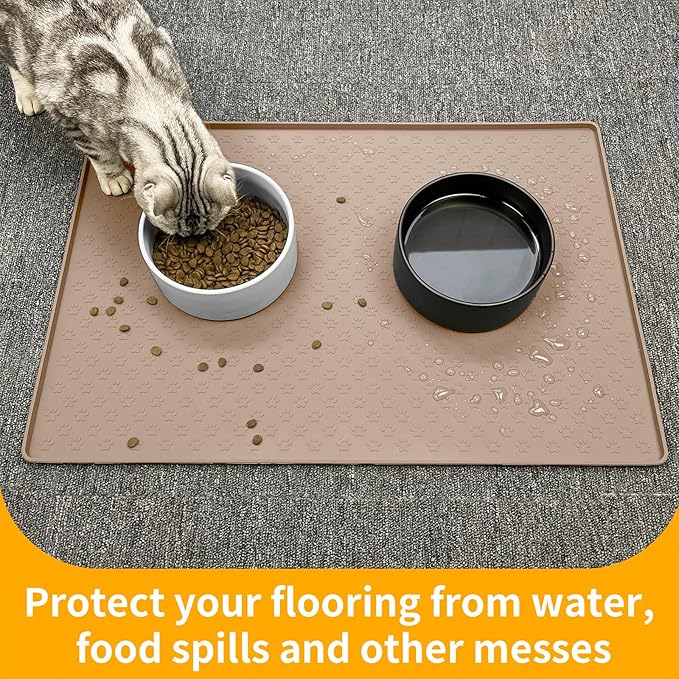 Ptlom Silicone Dog Food Mat Waterproof Pet Feeding Mat with High-Lips, Anti-Slip Dog Bowl Mat for Food & Water, Non-Spill Puppy Feeding Tray for Small, Medium & Large Dogs and Cats, Taupe-Mewly Pet