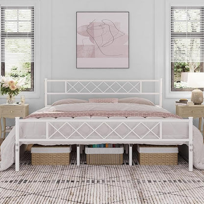 Yaheetech Metal Platform King Bed Frame Mattress Foundation with Headboard and Footboard No Box Spring Needed Under Bed Storage Steel Slats White
