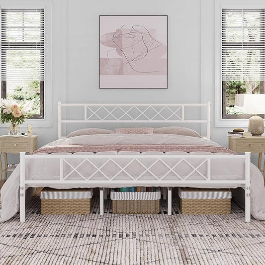 Yaheetech Metal Platform King Bed Frame Mattress Foundation with Headboard and Footboard No Box Spring Needed Under Bed Storage Steel Slats White
