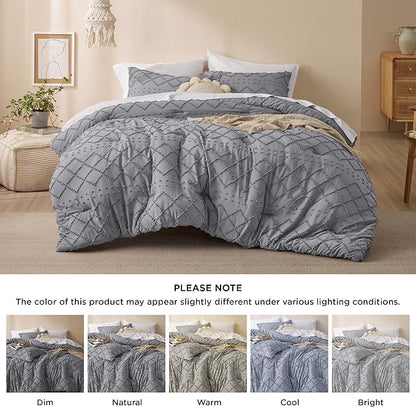 Bedsure Twin Comforter Set - Grey Comforter, Boho Tufted Shabby Chic Bedding for Kids, 2 Pieces Vintage Farmhouse Bed Set for All Seasons, Fluffy Soft Bedding with 1 Pillow Sham