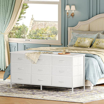 Huuger 9 Drawer Dresser, 47 Inch TV Stand for 50, 55 Inch TV, Entertainment Center with Drawers, Fabric Dresser Chest of Drawer for Bedroom, Closet, PU Leather Surface, White