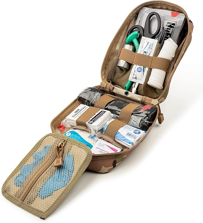 Scherber Premium IFAK Kit Trauma Pack Fully Stocked MOLLE Pouch w/CAT Tourniquet, HyFin Vent Chest Seal, & Israeli Bandage Trauma Kit for Emergency, Gunshot, Bleeding, & Major Wound Care (Camouflage)-Mewly Pet