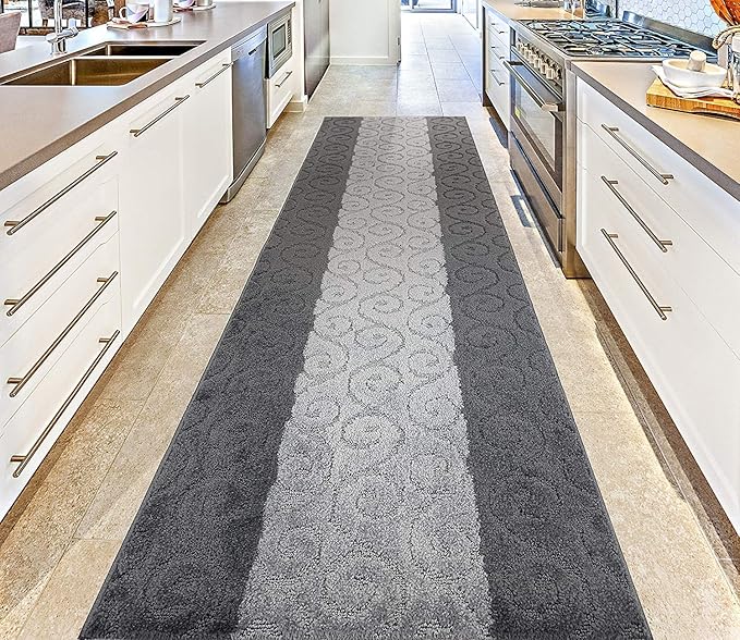 Custom Size Modern Runner Rug Carpet for Hallway Entryway Foyer Kitchen, Slip Resistant Latex Rubber Backed 31 inch Wide X Customized Length, Scroll Grey, 31 inch X 4 feet, Doormat Size