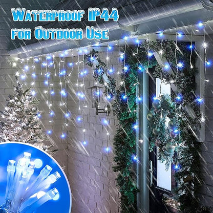 Toodour White & Blue Christmas Icicle Lights, 29.5ft 360 LED Icicle Lights, 8 Modes, 60 Drops, Window Curtain Led Christmas Light, Icicle Twinkle Light for Eaves, Party, Wedding, Xmas Decorations