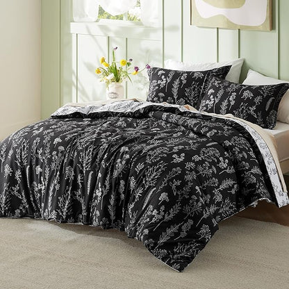 Bedsure Queen Comforter Set - Black Bed Set, 3 Pieces Cute Floral Bedding, 1 Soft Reversible Botanical Flowers Comforter and 2 Pillow Shams