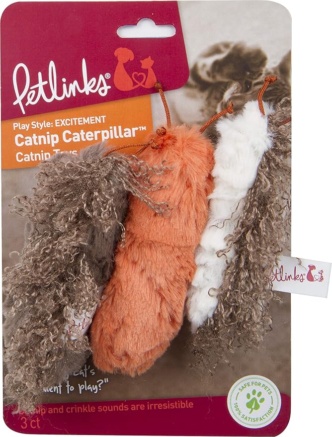 Petlinks (3 Count) Catnip Catterpillar Crinkle Plush Cat Toys - Multi Color, 3 Count-Mewly Pet