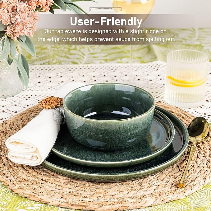 GBHOME Ceramic Dinnerware Sets for 6, 18 Pieces Stoneware Plates and Bowls Sets, Reactive Glaze Dishes -Scratch Resistant, Dishwasher&Microwave Safe, Earth Green-Mewly Pet