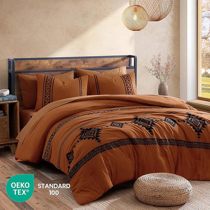 MaiRêve California King Comforter Set Burnt Orange, Embroidery Western Bedding Set Boho 7 Pieces, Farmhouse All-Season Bed in A Bag with Sheets, Pillowcases & Shams