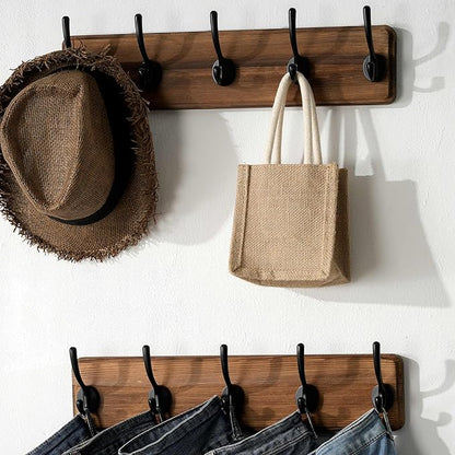 SKOLOO Rustic Wall Mounted Coat Rack with 16 Inch Mounting Hole Distance, Pine Solid Wood Coat Hook Hanger - 5 Hooks for Hanging Clothes Robes Towels Coats