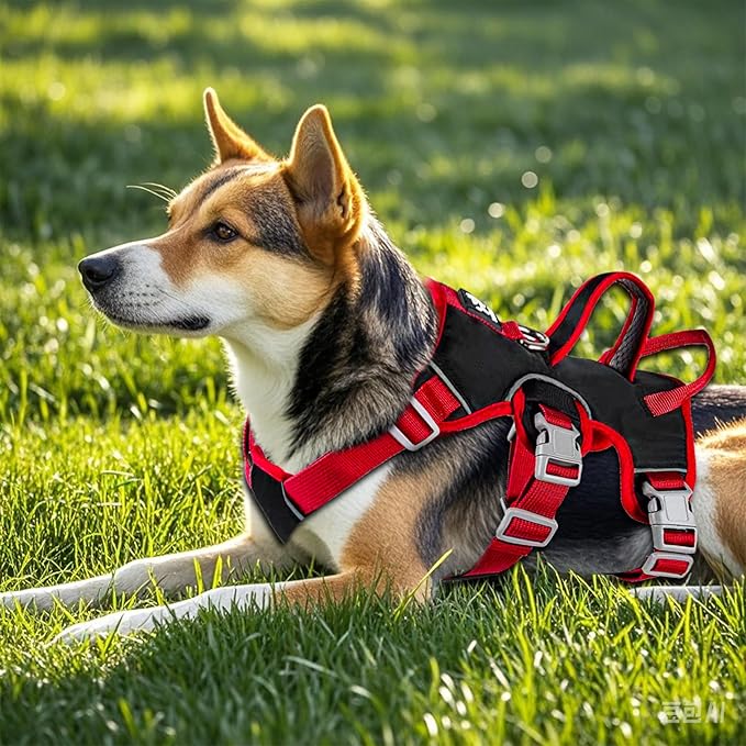 Escape Proof Dog Harness, No Pull Reflective Adjustable Vest with Easy Control Lift Handle, No Choke Soft Padded Breathable Full Body Pet Harness for Walking Hiking and Training (Red, Small)-Mewly Pet