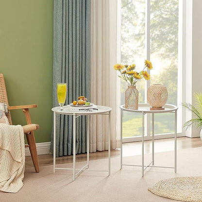VECELO Side/End Table, Folding Round Metal Anti-Rust and Waterproof Outdoor or Indoor Tray for Living Room Bedroom Balcony and Office, 2 PCS, Beige