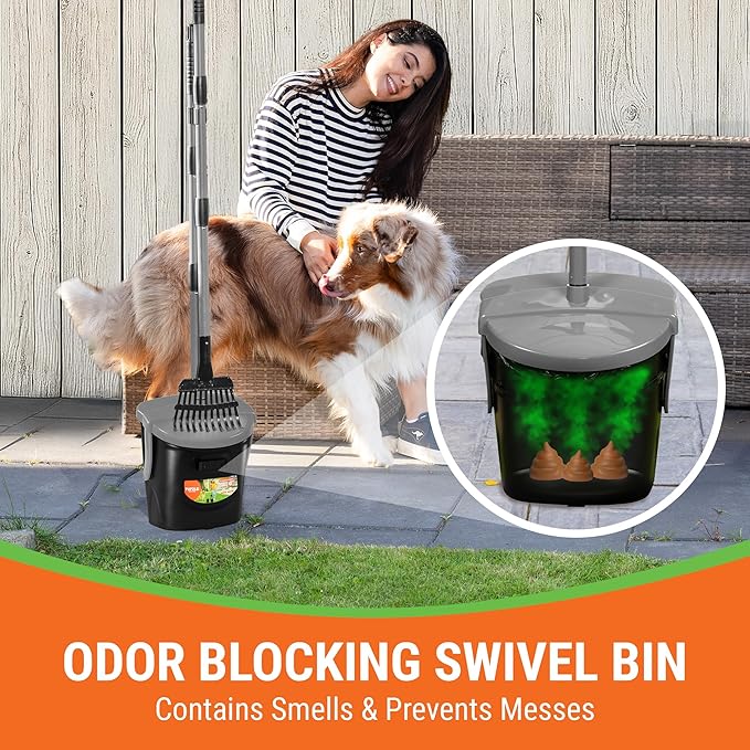 Dog Pooper Scooper with Bag Attachment, 40" Long Handle Pooper Scooper for Large Dogs, Dog Poop Scoop for Yard, Large Capacity Swivel Bin and Rake, Lavender Scented Bags (Grey)-Mewly Pet