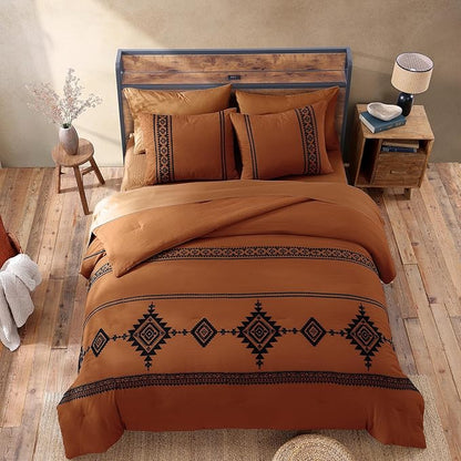 MaiRêve Burnt Orange Embroidery Comforters Set Queen Size - 7 Pieces, Farmhouse Western Bedding All Season, Bed in A Bag Queen Boho Comforter Set with Sheets, Pillowcases & Shams